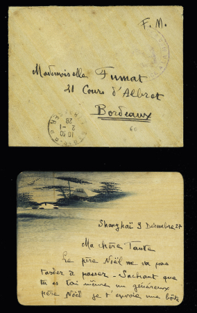 Env. en papier de riz avec cachet (faible) "Marine nationale à la mer" avec carte en papier de riz datée de Shang-Haï (1927). Bel ensemble