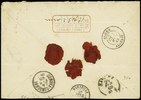 Italie n°15 + 19, 3 pièces OBL rect de points 14 + CAD "Livorno raccomand assicu" (1869) sur lettre recommandée pour Alger avec griffe encadrée "racommandato" et au verso descriptif rouge des chargements 2316 de Ment