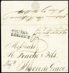 Lettre de Pointe à Pitre (Guadeloupe) pour le Havre via la Martinique avec marque d'entrée "Col. Par Lorient" (1814) et au dos mention manuscrite "Acheminée par H. Kuinan St Pierre 27 nov 1814". RRR et TB