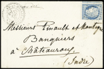 N°60 OBL GC 4820 + CAD T24 "La Varenne St Hilaire (60)" (1871) sur lettre pour Chateauroux avec au verso mention manuscrite "Trouvé fourvoyé dans les plis d'un journal dans la dépêche de Paris (4ème ardt). La Varen