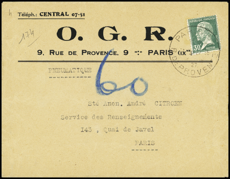 N°174, 30c Pasteur OBL CAD pneu "Paris 5