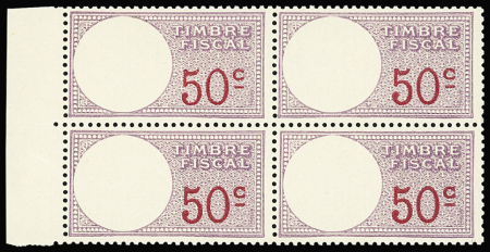 Timbre fiscal n°67a 50c médaillon manquant, en bloc