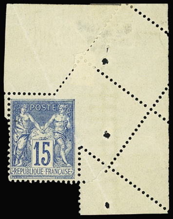 N°101K 15c bleu "papier quadrillé" avec piquage oblique,