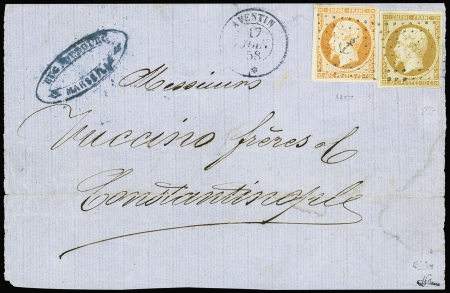 N°13 + 16 OBL ancre bleue + CAD bleu "Aventin" (17