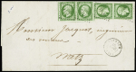N°12 5c vert, 2 paires OBL PC 1311 + T15 Forbach (