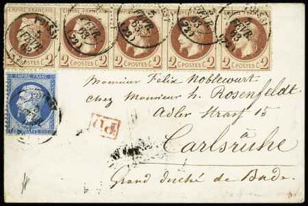 N°22 + 26, bande de 5 OBL T15 "Poissy (72)" (1863)