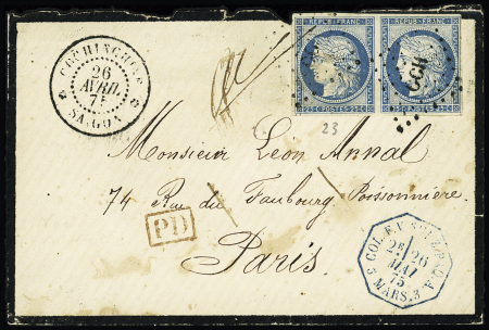Col. Gen n+23, 25c bleu en paire OBL losange de po