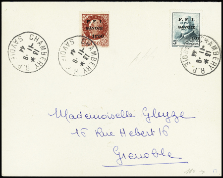 CHAMBERY N°1 1f50 sur 1f50 brun-rouge et n°2 10f sur