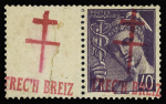 BRETAGNE n°3M 40c violet avec vignette, neuf **, TB