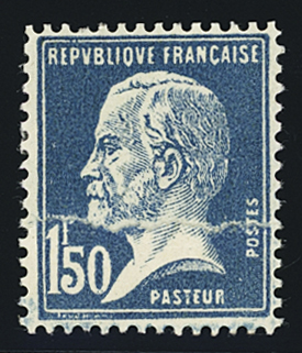 N°181 1f50 bleu, Pasteur variété impression sur raccord,