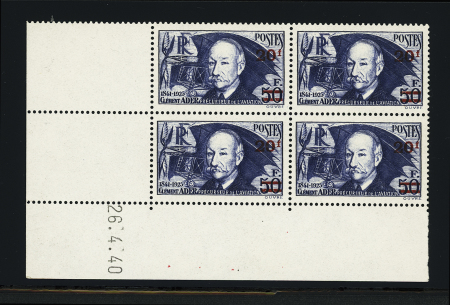 N°493 20fr. s. 50fr. Clément Ader, bloc de 4 coin-daté