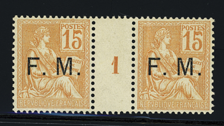 N°1 15c. orange, en paire avec millésime 1, neuf **,