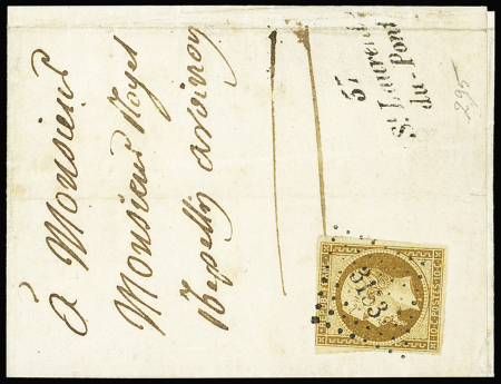 N°9a 10c bistre-brun sur lettre obl. PC 3153 (Saint-Laurent-du-Pont,