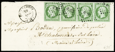 N°12c 5c vert foncé sur vert en bande de 4 obl. PC