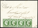 N°12 5c vert en bande de 4 obl. PC 2996 sur lettre
