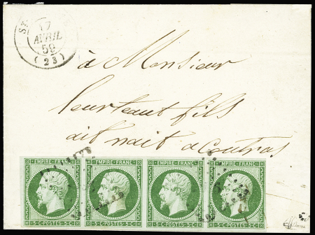 N°12 5c vert en bande de 4 obl. PC 2996 sur lettre