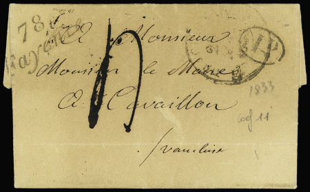 Cursive "78 Fayence" (1833) + taxe 4 tampon façon