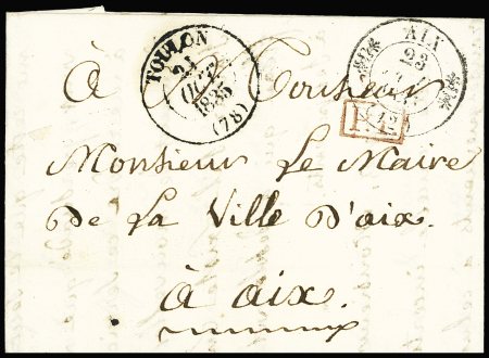 Lettre avec T13 Toulon (1835) + "PP" rouge encadré