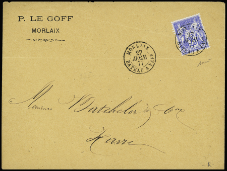 N°78 OBL CAD "Morlaix bateau a vap" (1877) répété 
