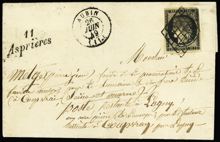 N°3 OBL grille + T15 Aubin (1849) + cursive "11 As