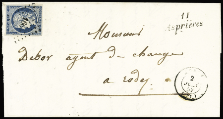 N°4 OBL PC 166 + T15 Aubin (1852) + cursive "11 As