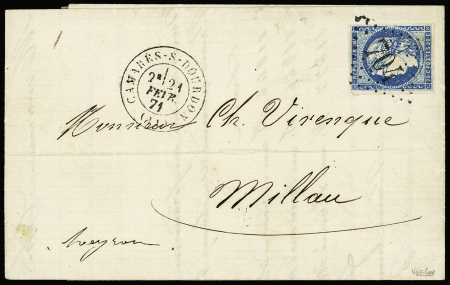 N°44, 20c bleu OBL GC 704 + T17 "Camarès-s-Dourdon