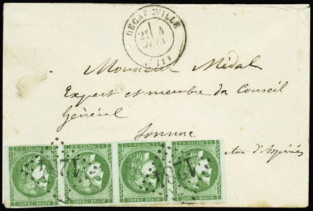 N°42 5c vert, bande de 4, touchée, OBL GC 1284 + T