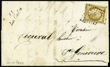 N°1 OBL PC 1607 + cursive "11 La Calm" (1853) sur