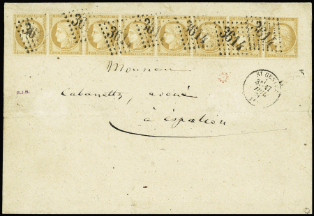 N°36, 10c bistre, bande de 8, OBL GC 3614 + T16 St