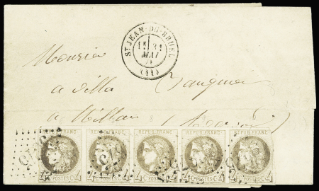 N°41B, 4c gris, bande de 5, touchée à droite et à