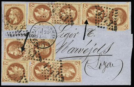 N°26 2c brun-rouge, 10 pièces, OBL GC 4243 + T17 Villefranche