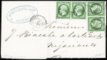 N°12 5c vert, deux paires sur devant de lettre avec