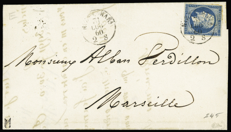 N°14B 20c bleu sur lettre pour Marseille (Bouches-du-Rhône),
