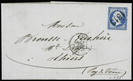 N°14B 20c bleu sur lettre pour Thiers (Puy-de-Dôme),