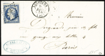 N°15a 25c bleu laiteux sur lettre pour Paris, obl.