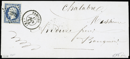 N°15 25c bleu sur lettre pour Chalabre (Aude), obl.