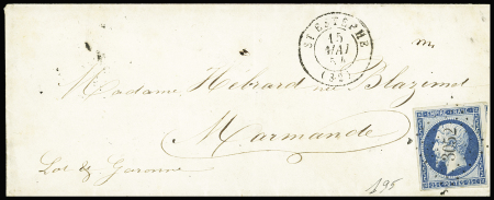 N°15 25c bleu TTB margé sur lettre pour Marmande