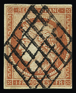 N°7 1 franc vermillon obl. grille, marge au filet en