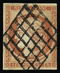 N°7 1 franc vermillon obl. grille, marge au filet en
