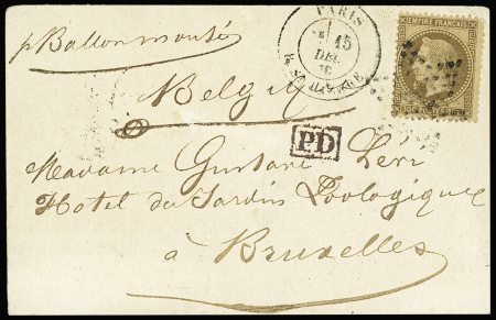 LE PARMENTIER n°30 obl. étoile sur carte postale de Paris R. St Lazare 15.121870 pour la Belgique, cadeau d'arrivée 1er janvier 1871 au dos, PD rouge, TB. Les cartes pour l'étranger sont peu commune