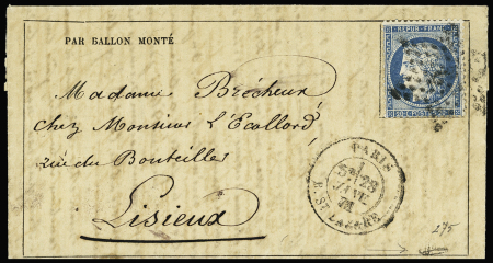 N°37 20c bleu obl. étoile 2 et CàD T17 Paris/rue Saint-Lazare 28 janv. 1871 sur Gazette des Absents n°33