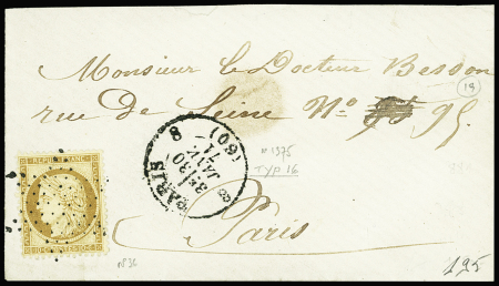 N°36 10c bistre obl. étoile et CàD  T16 8 Paris 8 (60) 30 janv. 1871 sur lettre locale TB,
