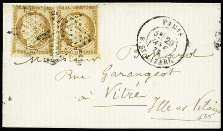 N°36 10c bistre en paire obl. étoile 2 et CàD T17 Paris/rue Saint-Lazare