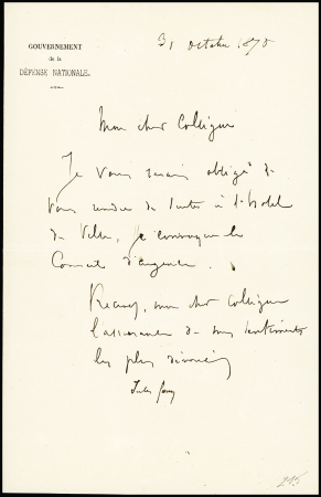 AUTOGRAPHE Lettre de Jules Ferry du 31 octobre 1870