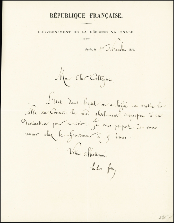 AUTOGRAPHE Lettre de Jules Ferry du 1er novembre 1870