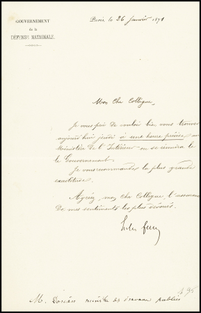 AUTOGRAPHE Lettre de Jules Ferry du 26 janvier 1871
