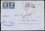 N°22 20c bleu obl. Francia/via di Mare, CàD italien 24 dec. 1863 sur lettre pour Livourne,