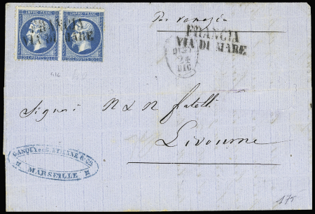 N°22 20c bleu obl. Francia/via di Mare, CàD italien 24 dec. 1863 sur lettre pour Livourne,
