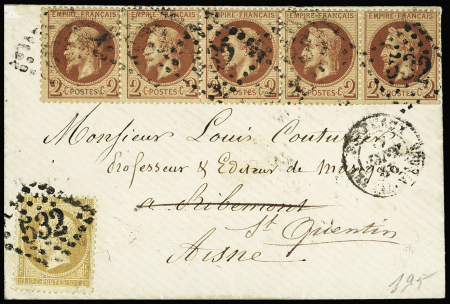 N°26 2c rouge-brun en bande de 5 et n°21 10c bistre, obl. GC 532  (Bordeaux) CàD T15 Bordeaux (Gironde)