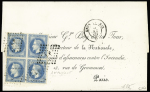 N°29B 20c bleu en bloc de 4 obl. losange LP et CàD ambulant Lyon-Paris 5 oct. 1869, sup., TB, avec certificat